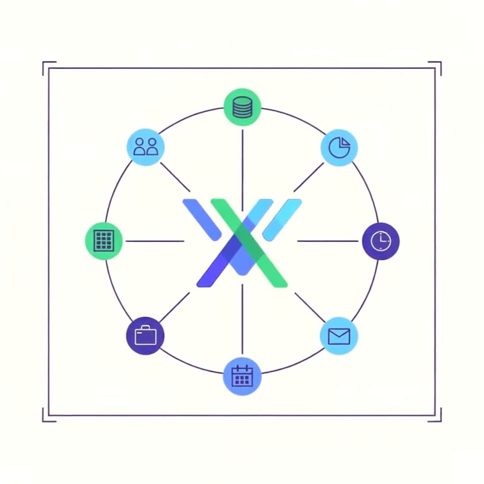 Animation showing the ProSyft mark connecting to a network of business functions inside a boundary